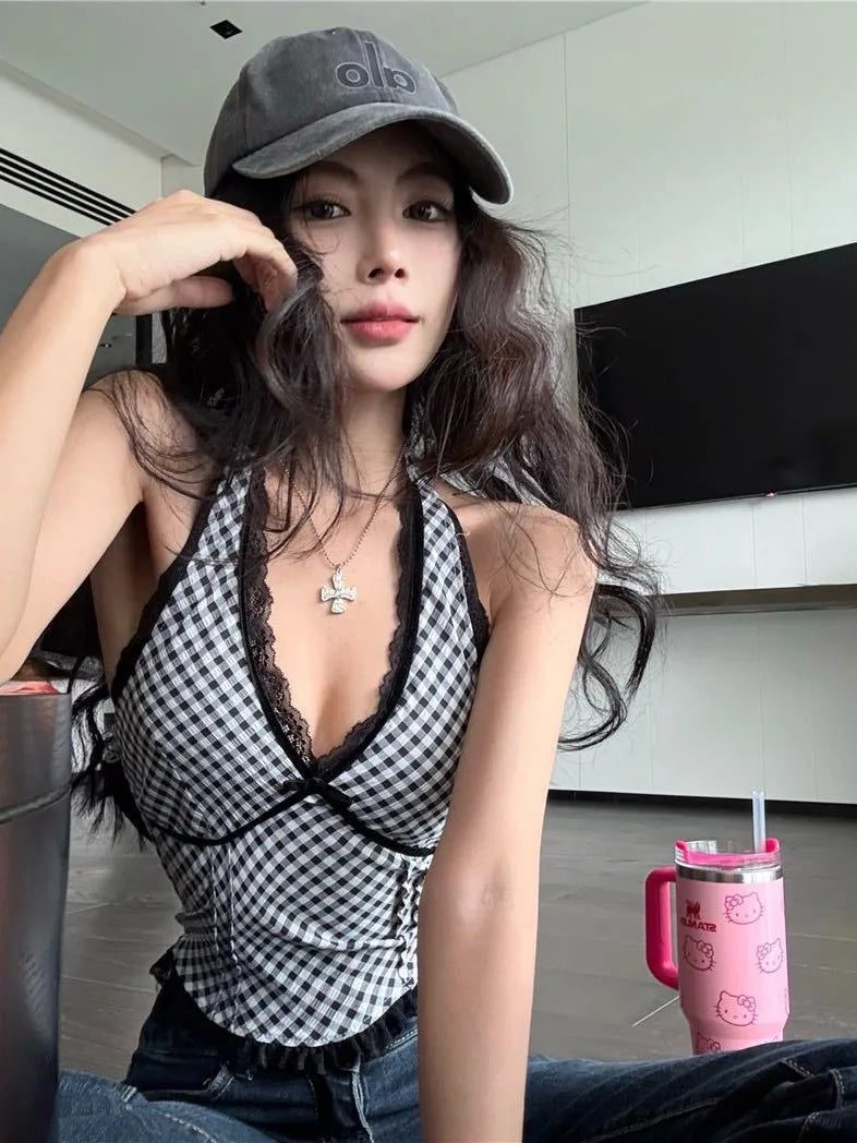 French Sweet Spicy Camis Hanging Neck Camisole Lace Patchwork Plaid Print Short Top Sexy Deep V-neck Bandage Halter Crop Tops voguable