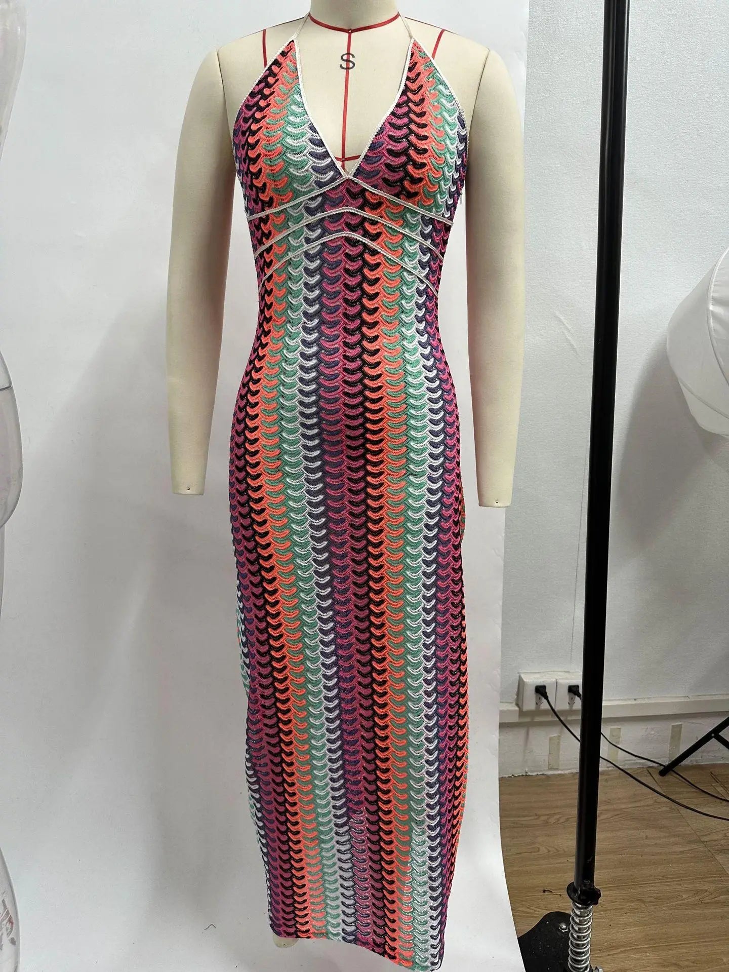 Sexy Contrast Striped Knit Halter Dress Women Fashion Loose Backless Maxi Dresses Summer Chic Female Beach Party Vestidos voguable