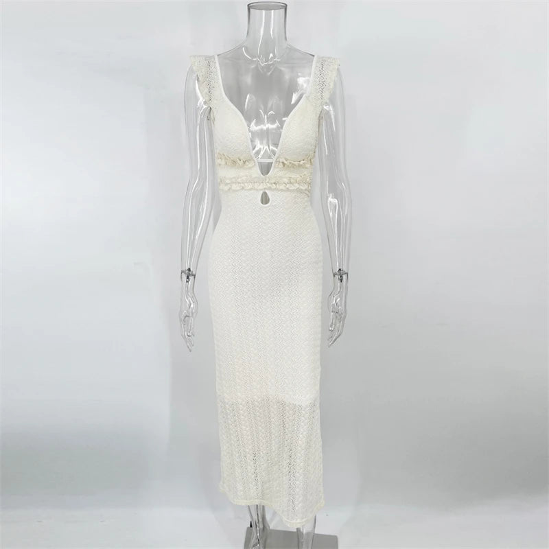 TARUXY Deep V Neck Sexy Dresses Women Sleeveless See Through High Waist Long Cover Up Dress Femme Holiday Knitted Beach Dress voguable