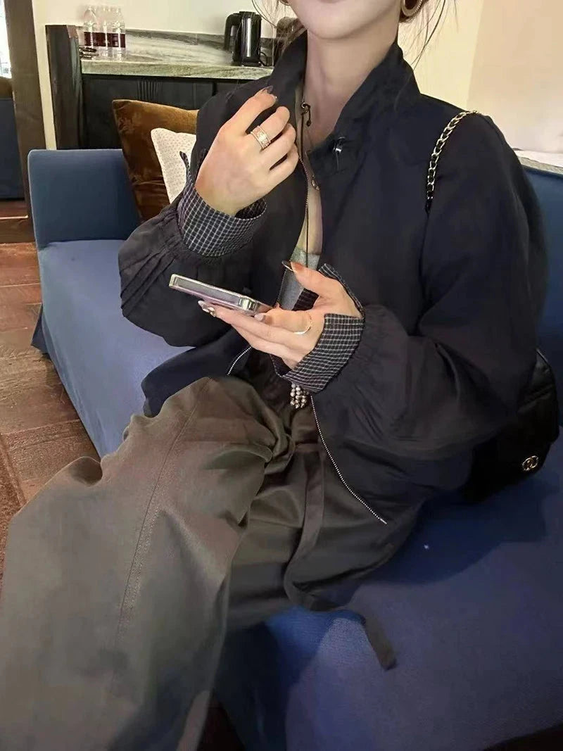 Harajuku Y2K Baseball Jacket Women Loose Vintage Plaid Patchwork Short Coat Streetwear Long Sleeve Vintage American Bf Tops voguable