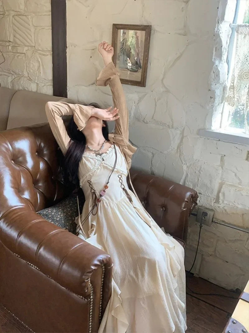 French Fashion Retro Vacation Style Camisole Dress+cardigan Two-piece Set Summer Temperament Long Dresses Female Clothing voguable