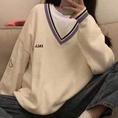 Voguable Thick Women Sweatshirt Winter Fashion V Neck Embroidery letter Pullover All Match Loose Long Sleeve Warm Black Tops New voguable