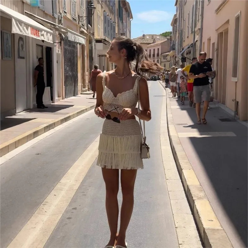 Hollow Out Bras And Slim Short Skirt Sets 2025 New Summer Crochet Vacation Sets Tank Top Casual Beach Female Outfits voguable