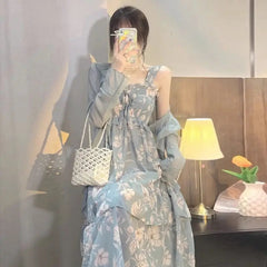 Voguable  Summer Floral Printed Suspender Dress Slim Women Sleeveless Fairy Long Dress Casual Vacation Casual Dress Two-piece voguable