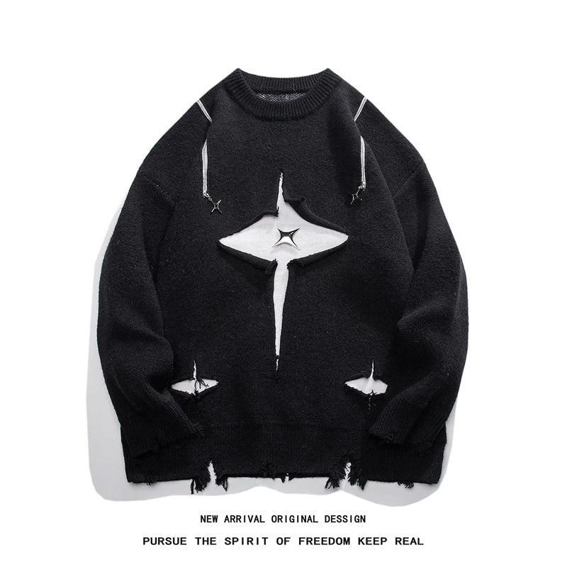 Men Sweater Streetwear New Retro Hole Fringed Loose Versatile Long Sleeve Pullover gotmes-shop