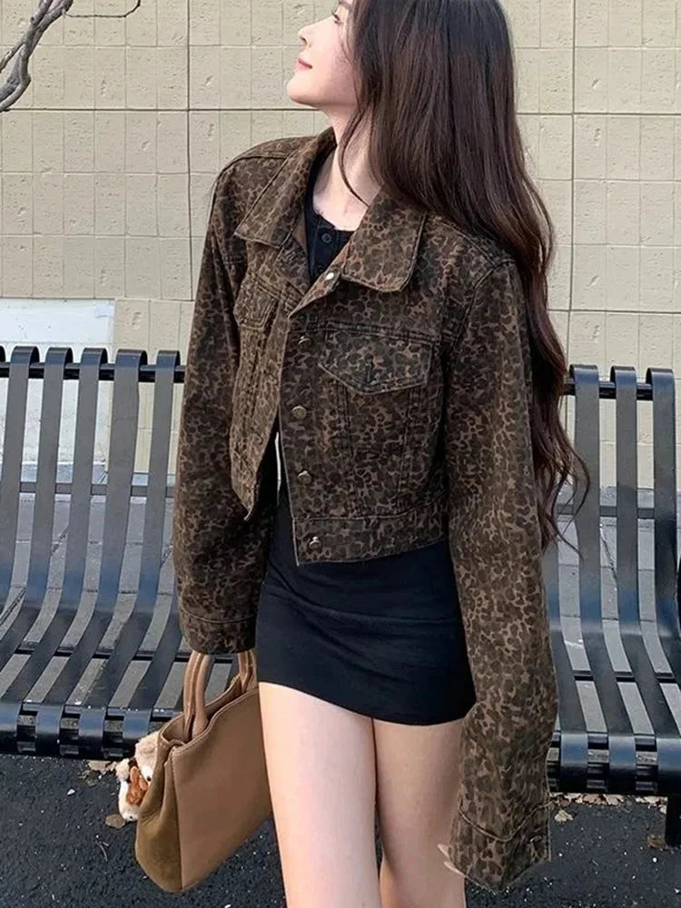 Y2K Cropped Leopard Denim Jacket Women Vintage Streetwear Long Sleeve Slim Short Coat American Harajuku Female Hip Hop Tops voguable