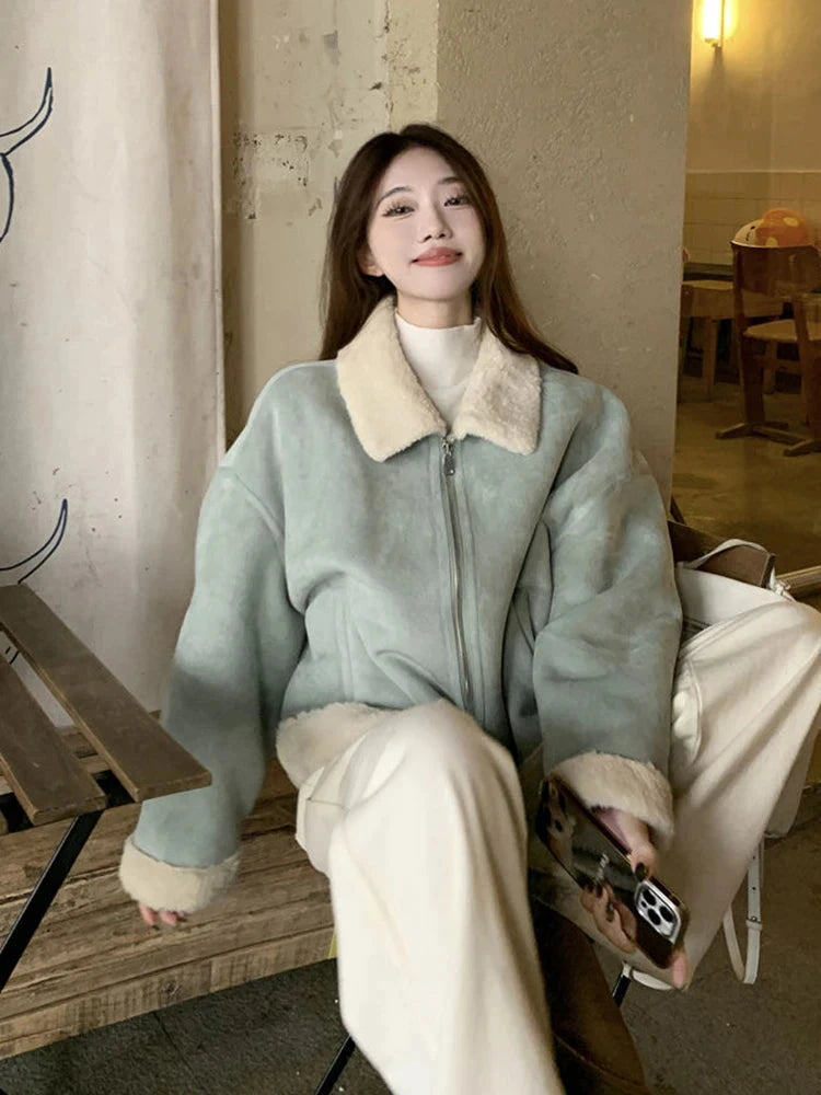 Faux Suede Lamb Jackets Women Winter Warm Thick Sweet Cute Short Coat Korean Vintage Loose Long Sleeve Preppy Style Tops voguable