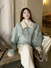 Faux Suede Lamb Jackets Women Winter Warm Thick Sweet Cute Short Coat Korean Vintage Loose Long Sleeve Preppy Style Tops voguable
