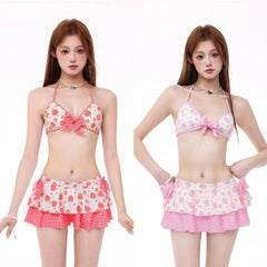 Voguable  Japanese Style Kawaii Girls Swimsuit Sweet Printed Halter Bikini Swimsuit Women Ruffle Bikini Set Bather Bathing Suit Swim voguable