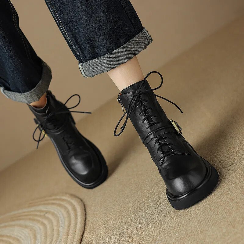 Platform Boots Cross-Tied Women Ankle Boots Side Zipper Leisure Motorcycle Boots Autumn Winter Round Toe Casual Outdoor New voguable