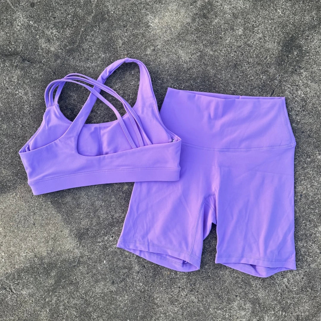 Voguable  Solid Color High Waist Gym Yoga Short Legging Set Tight Women Cross Back High Impact Shoulder Strap Fitness Bra Top Sportwear voguable