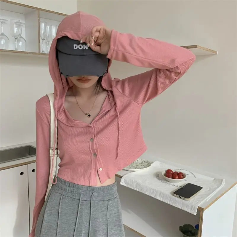 Voguable  Summer Fall Short Jacket Ribbed Long Sleeve Hooded Tops Women Autumn Outerwear Thin Coat Korean Style Cropped Cardigan voguable