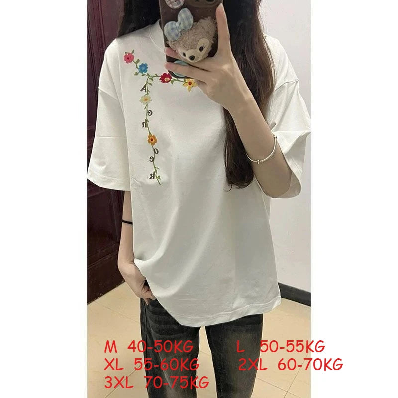 100% Cotton White Embroidered Flowers Short Sleeve for Women Casual Men O-Neck Streetwear Tees oversize Pullover Unisex T-Shirts voguable