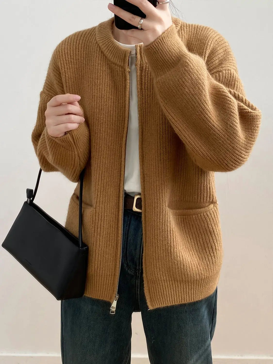 Sweater Cardigan Women Autumn Double Zipper Casual Korean Knitwear Coat Solid Color Loose Soft Long Sleeve Jackets Outerwear voguable