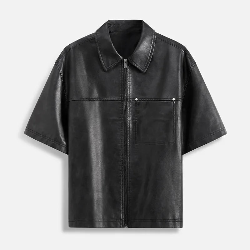 Top New US Black PU Leather Short Sleeved Shirt Oversized Mens Loose Men Streetwear Leather Cool Fashion Fitting Leather Shirt voguable