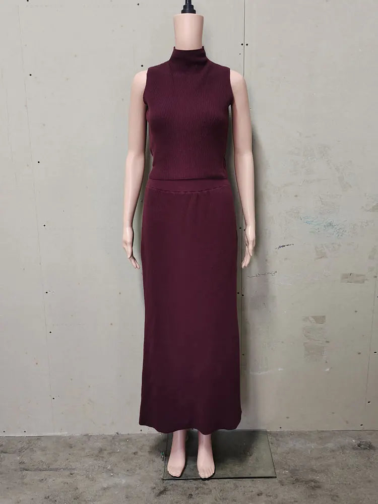Elegant Knitwear 2 Piece-Set Long Dress Female Ribbed Sweater Pullover And Loose Patchwork Maxi Skirt Sets Ladies Outfits voguable
