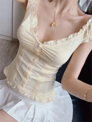 Voguable  Yellow Sweet Folds Blouse Casual Single Top Women Breasted Ruffle Sleeveless Tank Cute Casual Tops Vest Preppy Style Camis Y2K voguable