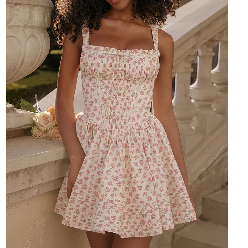 Sexy Elegant Women Lace Trim  Floral Print Mini Dress Low Waist Square Neck Female Summer Party Dress Holiday Robe