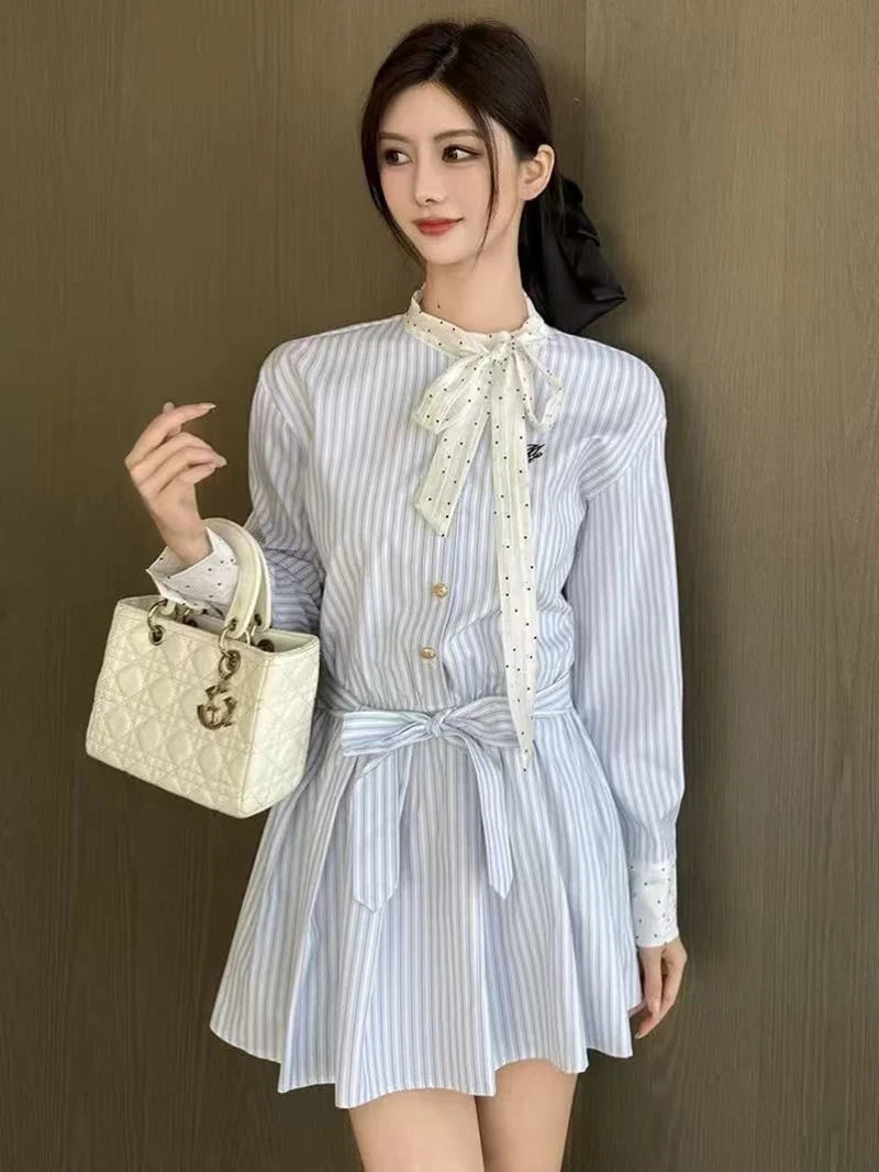 Korean Bow Striped Shirt Dress Women Casual Long Sleeve Elegant Sweet Mini Dress Vintage Patchwork Dot Female Design Dress voguable
