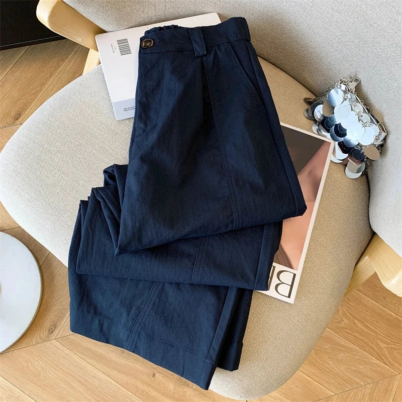 Casual Elegant Wide Leg Pant Women Vintage High Waist Loose Korean Trousers Fall Winter Pockets Solid Simple Retro Pants voguable