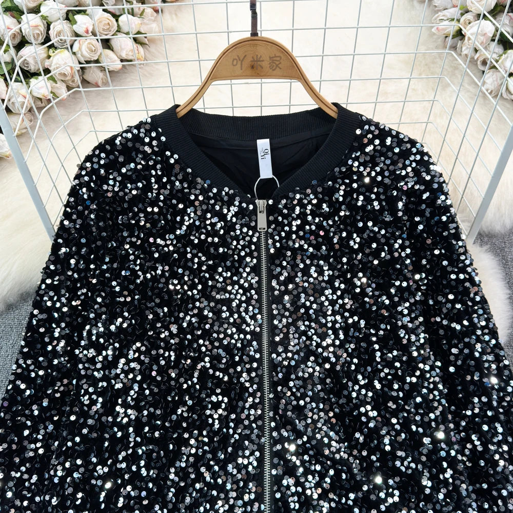 Voguable  Spring Autumn Loose Jacket Long Sleeved Casual Fashion Baseball Sequin Women Coats voguable