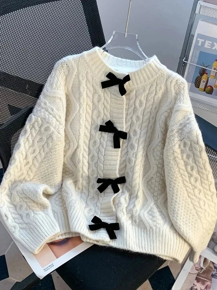 Preppy Style Bow Sweet Cardigan Women Cute Long Sleeve Solid Knitted Sweaters Casual Vintage O Neck Lady Fall Winter Top Outwear voguable