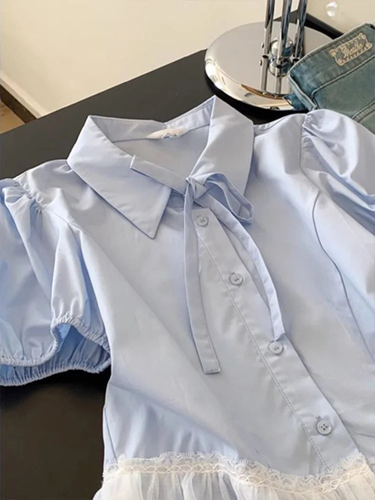 Casual Sweet Blue Shirt Women Cute Lace Patchwork Bow Blouse Vintage French Preppy Style Short Sleeve Elegant Kawaii Tops voguable