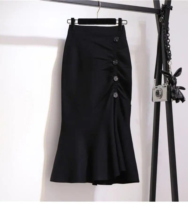 Trumpet Houndstooth Vintage High Waist Buttons Women's Skirt Korean Fashion Mermaid Mid-Calf Long Skirts For Women Spring voguable