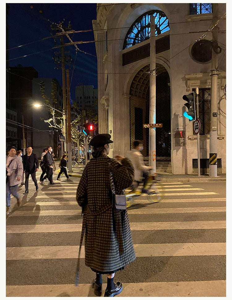 Autumn Winter Long Loose Casual Soft Plaid Woolen Coat Women Double Breasted Stylish Chic Luxury Designer Clothes voguable