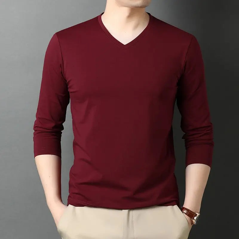 Voguable  Longsved Slimfit Mens Tshirt Casual Wear Base V Neck PU Leather Nine Sleeve Cleanfit Style Citywalk Suitable Tshirt voguable