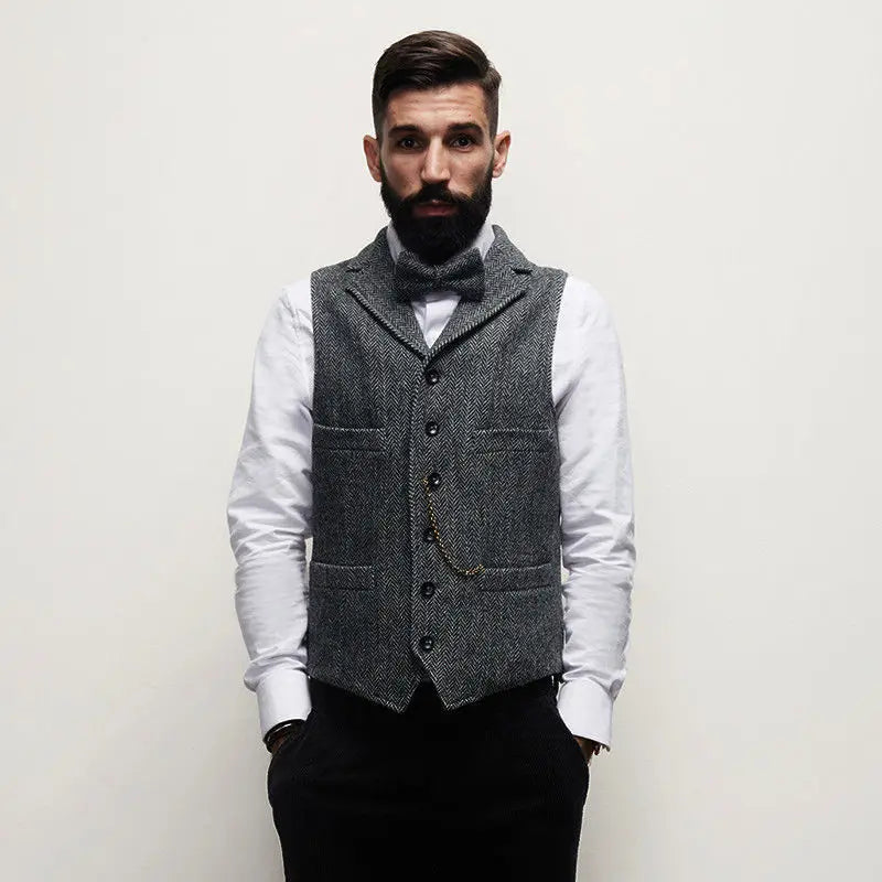 Autumn Winter Men's British Waistcoat Retro Herringbone Slim Tweed Suit Vest Heavy Button Jacket Men Aesthetic Sleeveless Coat voguable