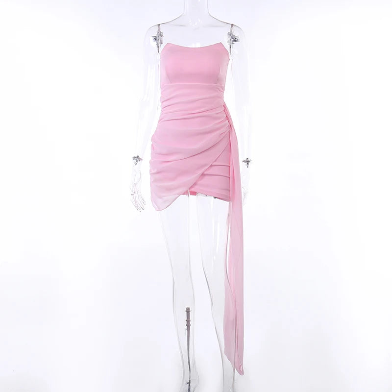 Solid color sexy long ribbon Mini dress ladies summer strapless sheath dress Sisterly temperament party dress short skirt voguable