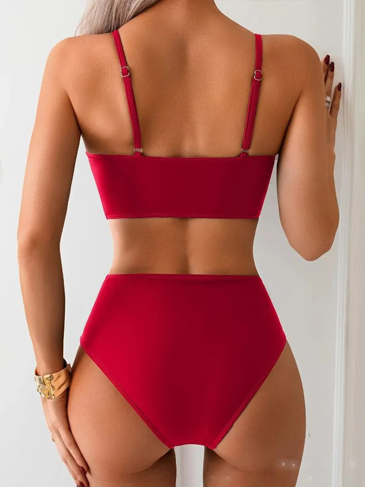 Voguable  Sexy Solid High Waist Bikinis Set Women Split Swimsuit Beach Brazil Bikini New All Season Backless Bikinis 2 Piece Set voguable