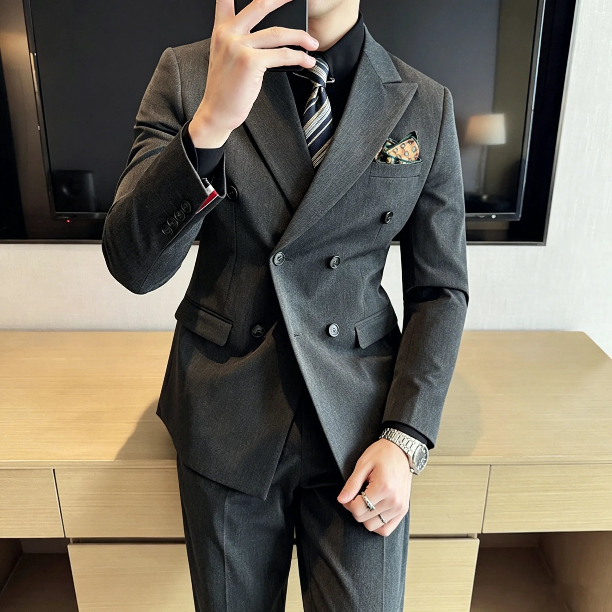 Voguable  High-end Solid Color Men Suits Double Breasted 3 Piece (Blazer+Vest+Pants) Blazers Slim Smart Causal Formal Jacket Tuxedos voguable