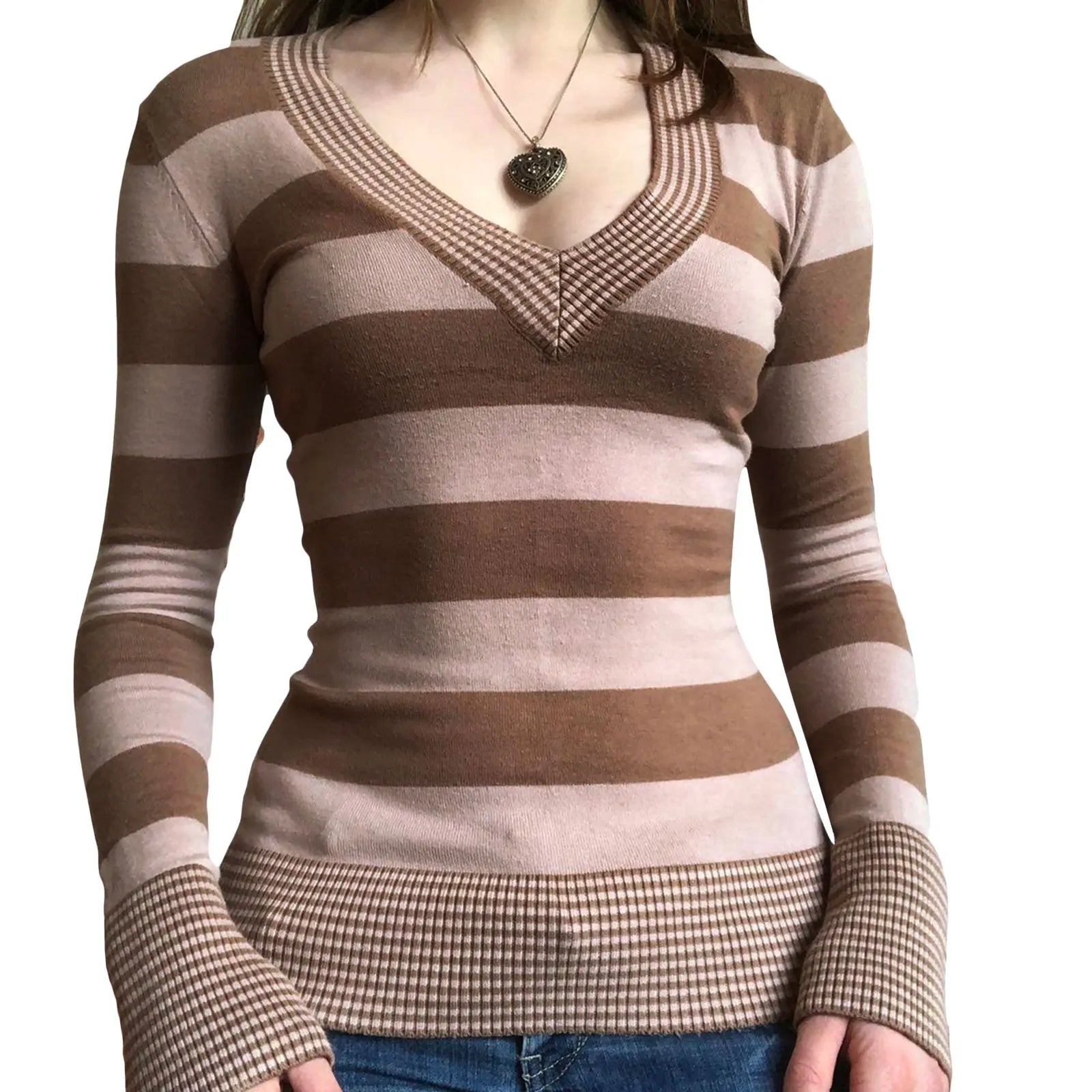 Women Long Sleeve Knit Tops Casual V-neck Striped Pullover Shirt Blouse for Club Streetwear voguable