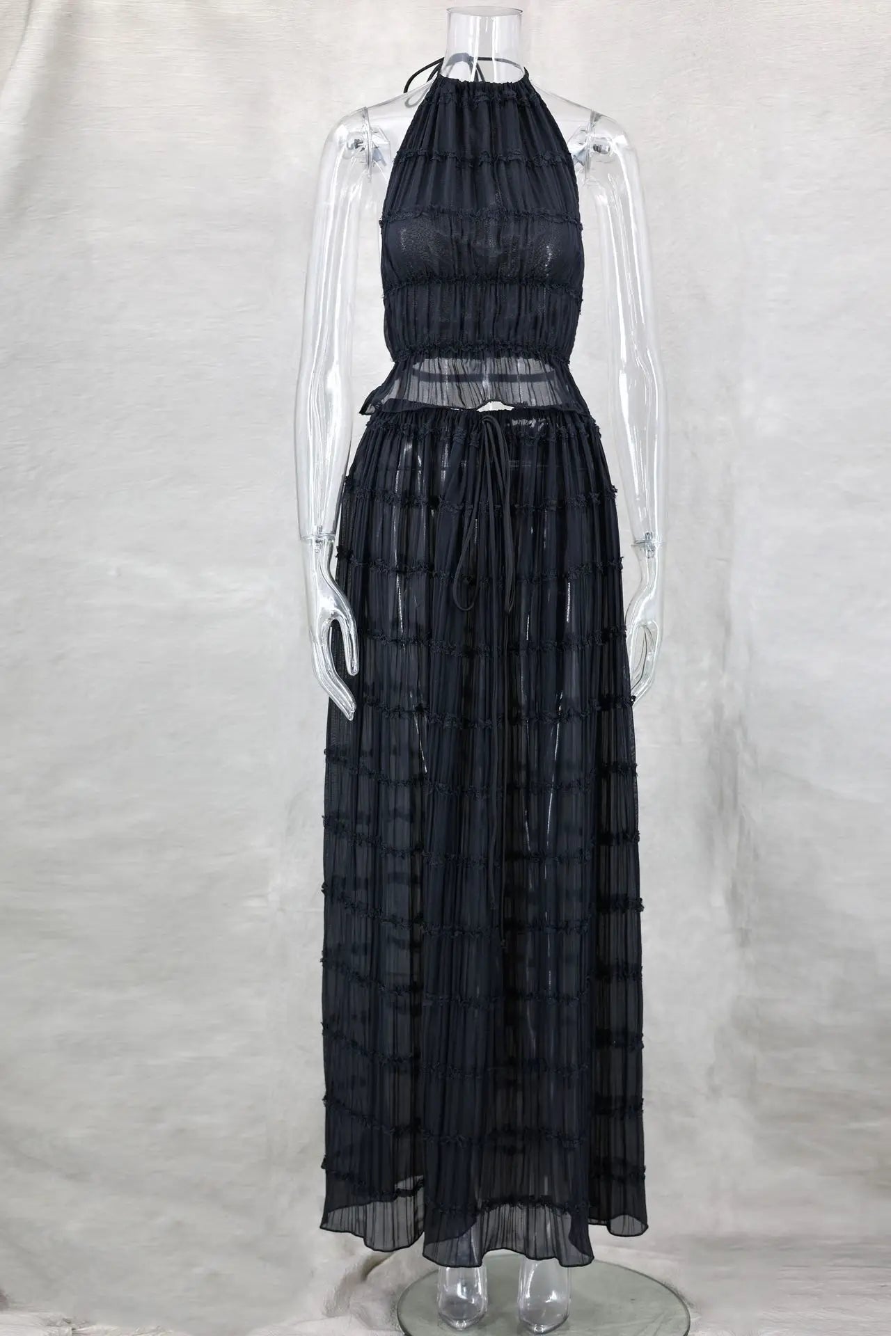 Fashion Solid Hang Neck Long Skirt Suit Women Backless Sling Top Lace Up Fold Maxi Skirts 2024 Spring Summer Female 2 Piece Set voguable