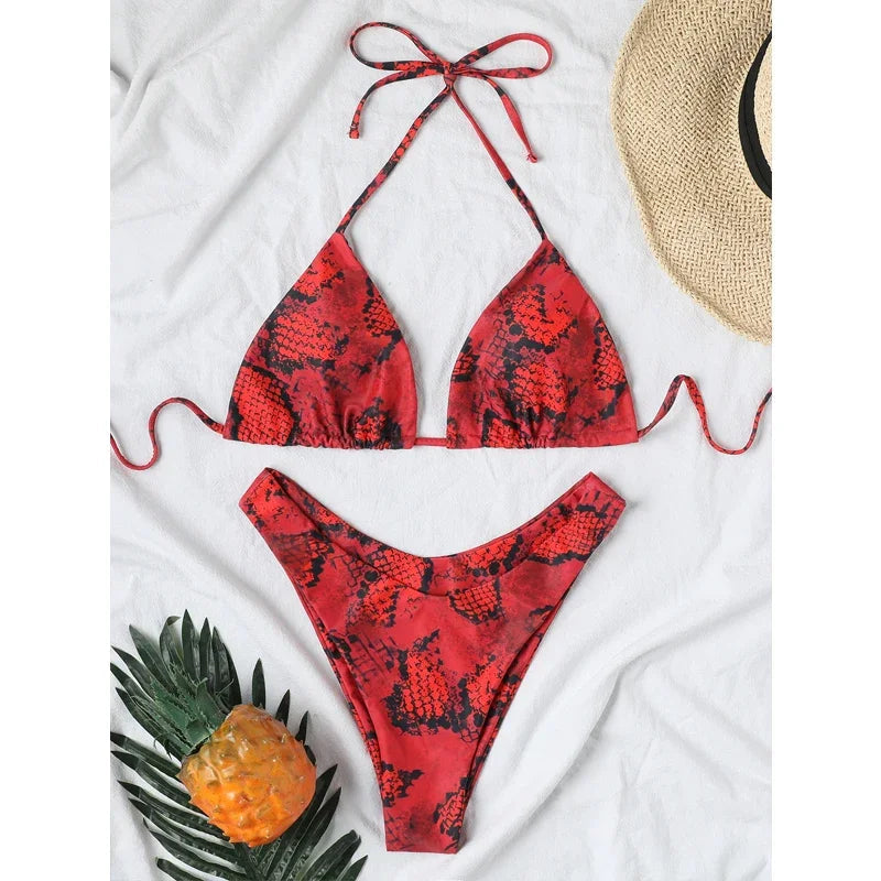 Voguable  Two Piece Bikini Set Women New High Waist Swimsuit Sexy Triangle Cup V-neck Suspender Bathing Suit Summer Beach Swimwear voguable