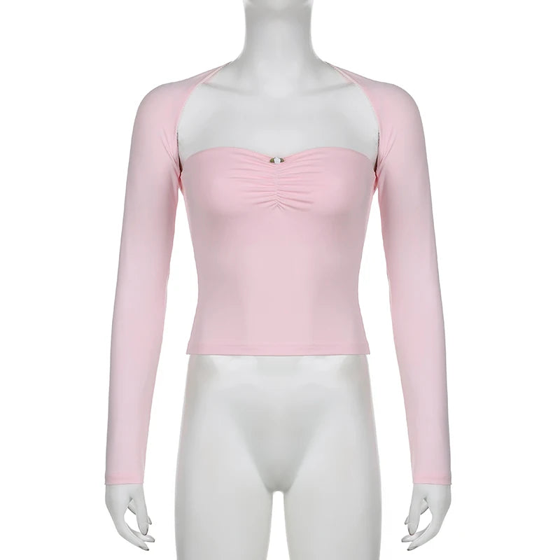 Voguable Appliques Strapless Tube Top and Long Sleeve Jumper 2 Piece Set Pink Coquette Casual Basic Crop Tops Suit Cute Women voguable