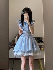 Cute Sweet Blue Plaid Dress Women Elegant 3D Floral Flying Sleeve Mini Dress Japan Vintage Slim Kawaii Lace Patchwork Dress voguable