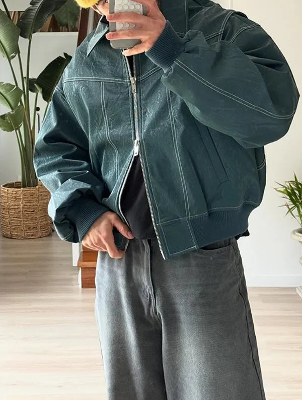 Casual Pu Leather Double Zipper Long Sleeve Coat  Trendy Green Faxu Leathers Lapel Men's Baggy Bomber Jacket Chic Outwear voguable