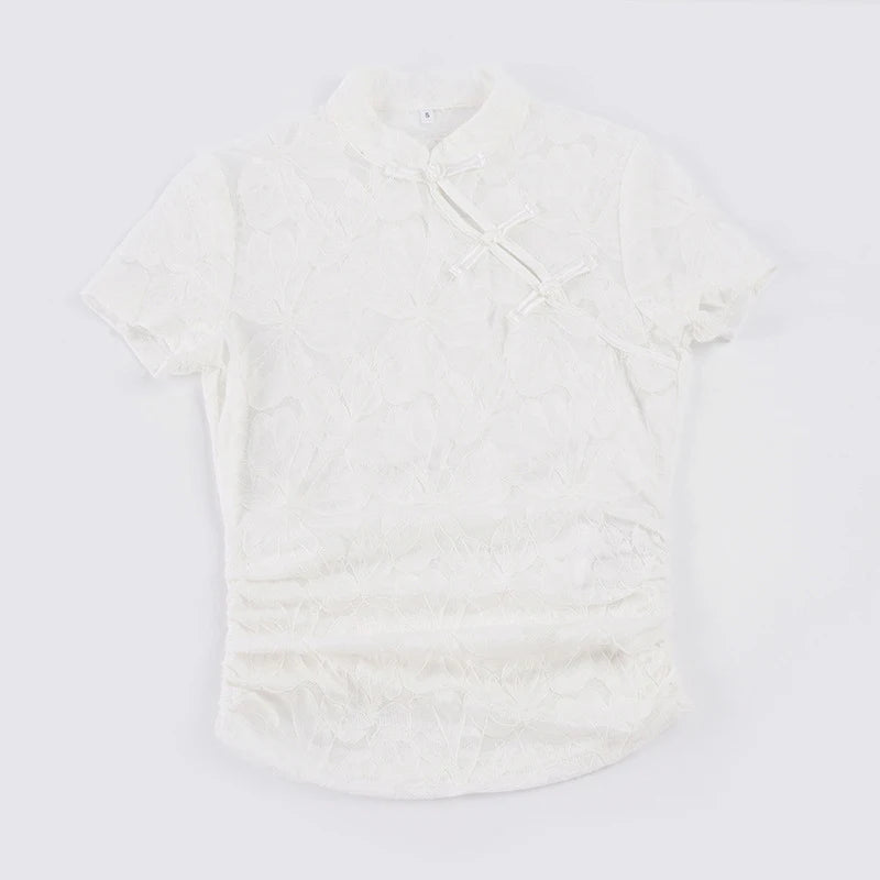 Voguable  Vintage Chinese Style Stand Collar Slanted Buttons Floral Lace White Hollow Out Sxy T-shirts for Lady Summer Evening Party Top voguable