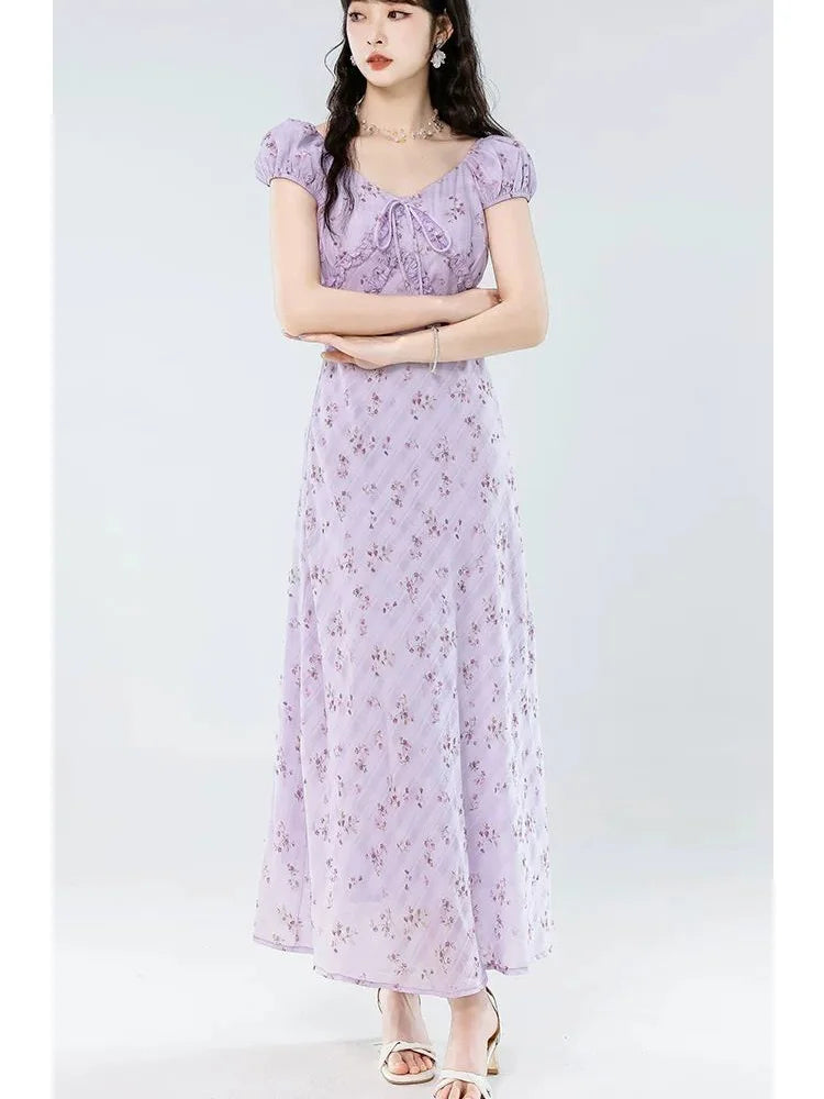 Floral Women Sweet Long Dress Elegant Vintage V Neck Slim Dress Casual Short Sleeve French Summer Retro Lady Vestidos New voguable