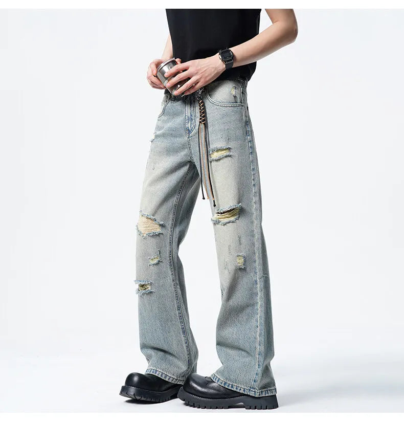 Men Straight Leg Vintage Blue Washed Denim Jeans Casual Ripped Distressed Trousers Classic Retro Style Comfortable Streetwear voguable