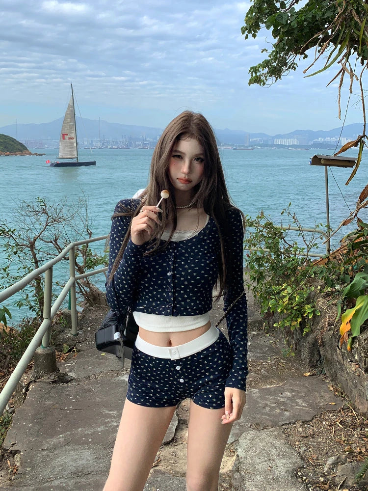 Voguable  2024 New Korean Fashion Party 3 Piece Set Woman Knitted Cardigan + Casual Short Vest + Slim Shorts Outwear Sweet Suit Female voguable