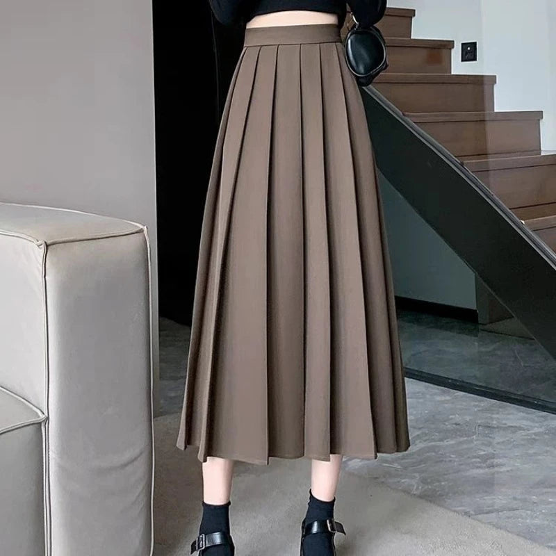 Temperament Autumn New Suit Skirts Women Solid Elastic High Waist Pleated Fashion Office Lady A-line Mid-length Pleated Skirt voguable