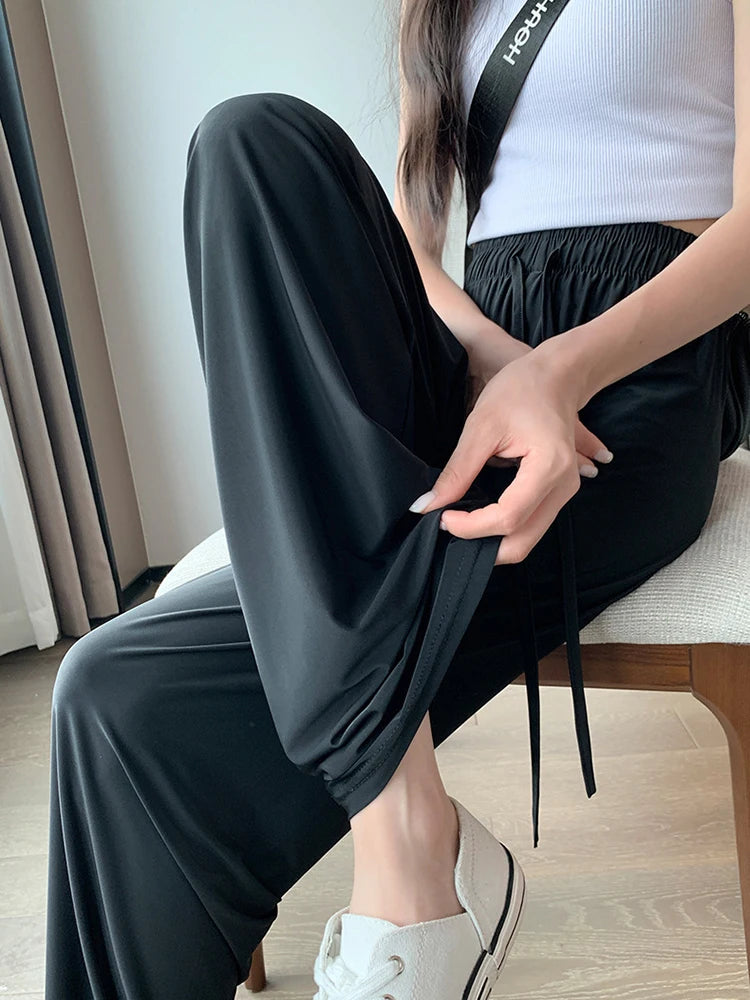 Summer Thin Ice Silk Sun Protection Pants Women Y2K High Waist Loose Wide Leg Trousers Solid All-Match Simple Straight Pants voguable