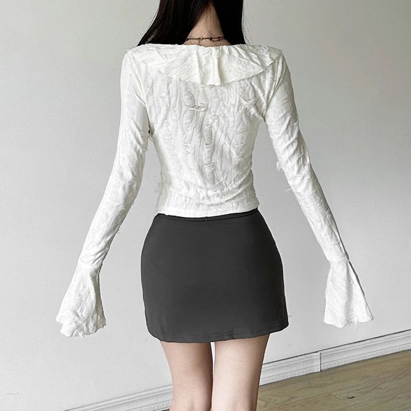 Fairycore Top White Clothes Women Gothic Ruffled V Neck Flared Long Sleeve Ripped Blouse Shirt y2k Aesthetic Clothing voguable