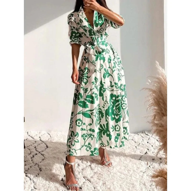 Voguable  Fashion Contrasting Color Waist Lace Up Long Women's Shirt Dress Spring and Summer New Single Breasted Elegant Ladies Dresses voguable