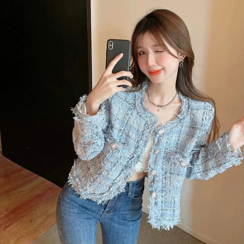 Chic Tassel Slim Tweed Jacket Women Casual Sweet Long Sleeve Short Coat Korean Fashion O Neck Elegant Design Plaid Tops New voguable