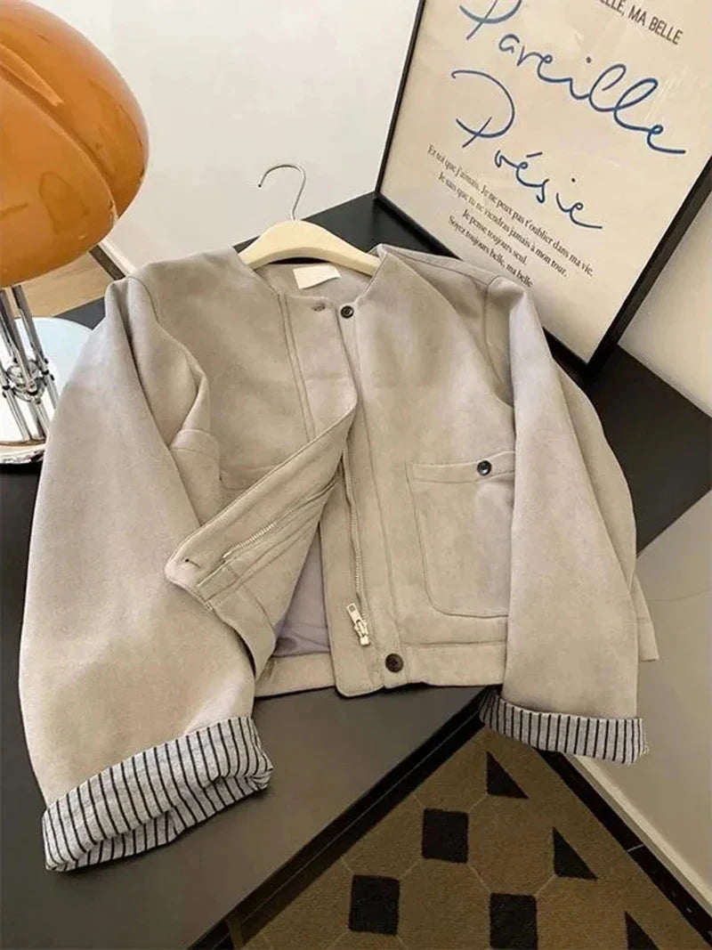 Women Faux Suede Y2K Jacket American Retro O Neck Long Sleeve Casual Coat Retro Casual Harajuku Streetwear Fall Winter Tops voguable